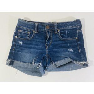 American Eagle Womens Jean Shorts Sz 2 Stretch Denim Cuffed Booty Mini Raw Hem